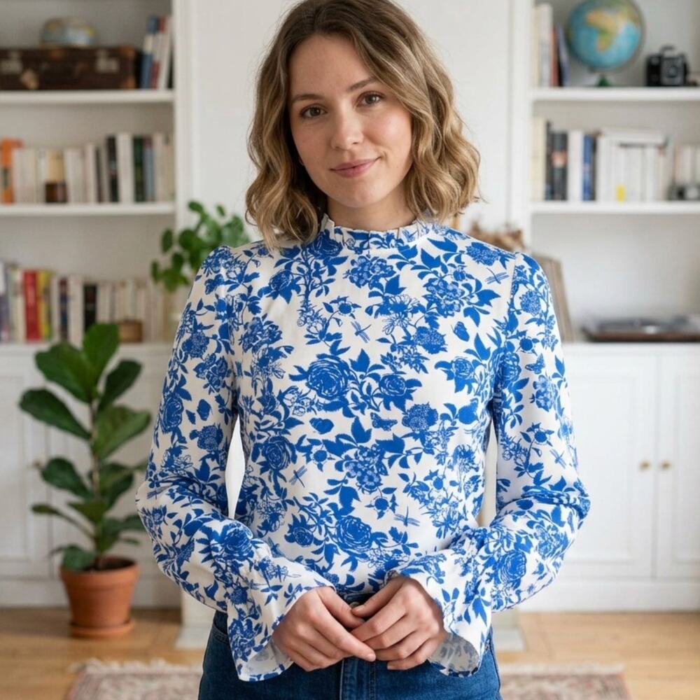 SHEIN White & Blue Floral Long Sleeved High Neck Blouse w Keyhole Back Medium